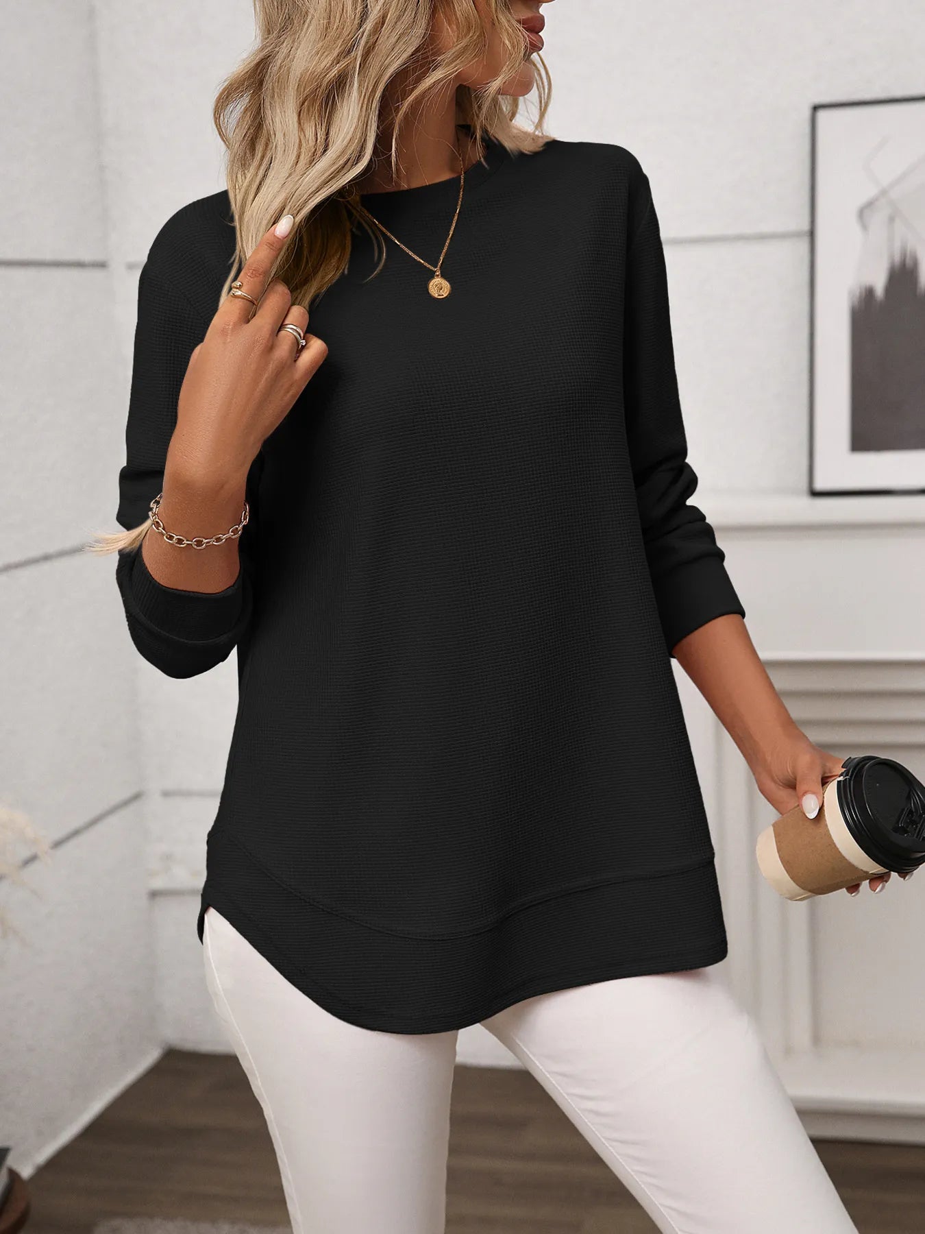 Long Sleeve Round Neck T-Shirt Black - Fashorio