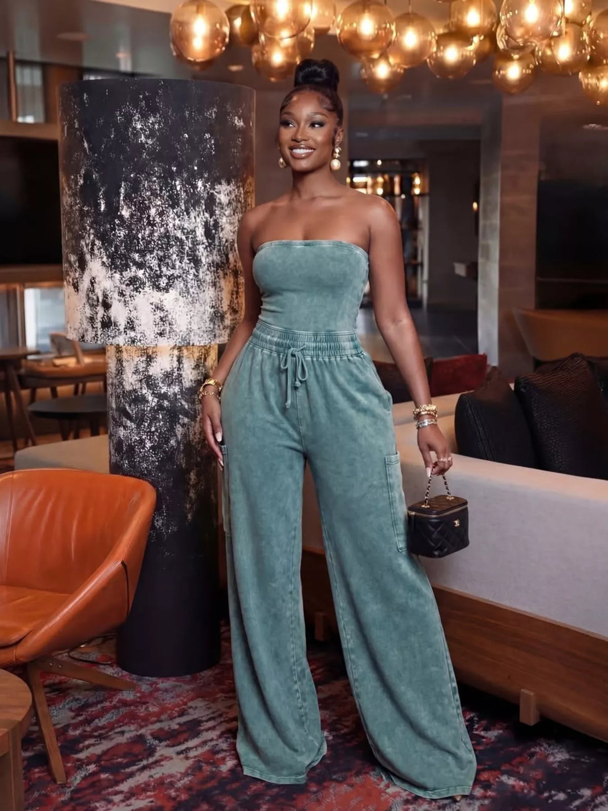 Wide leg jumpsuit drawstring waist detail