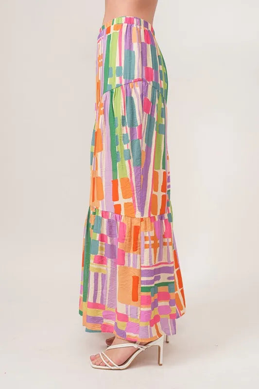 And The Why Asymmetric Geo Printed Tiered Maxi Skirt - Fashorio