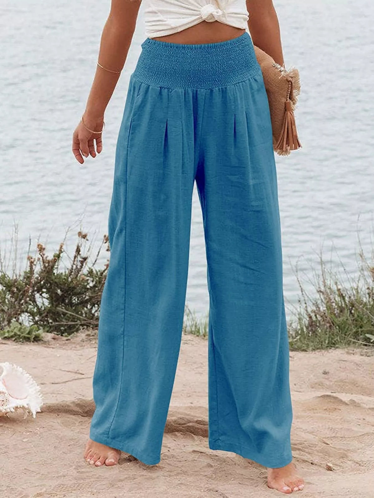 Smocked high waisted wide leg pants fabric texture view