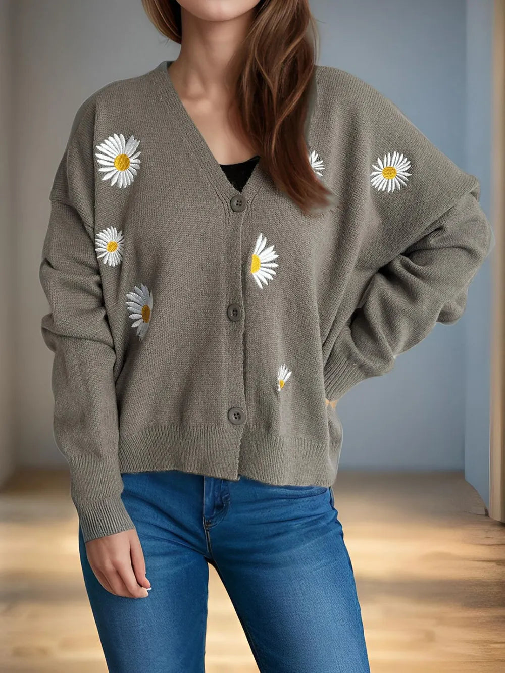 Daisy Button Up V-Neck Cardigan - Fashorio