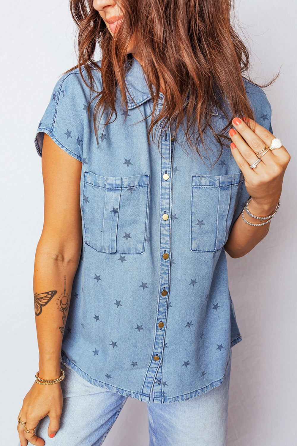 Denim shirt close up of the two chest pockets