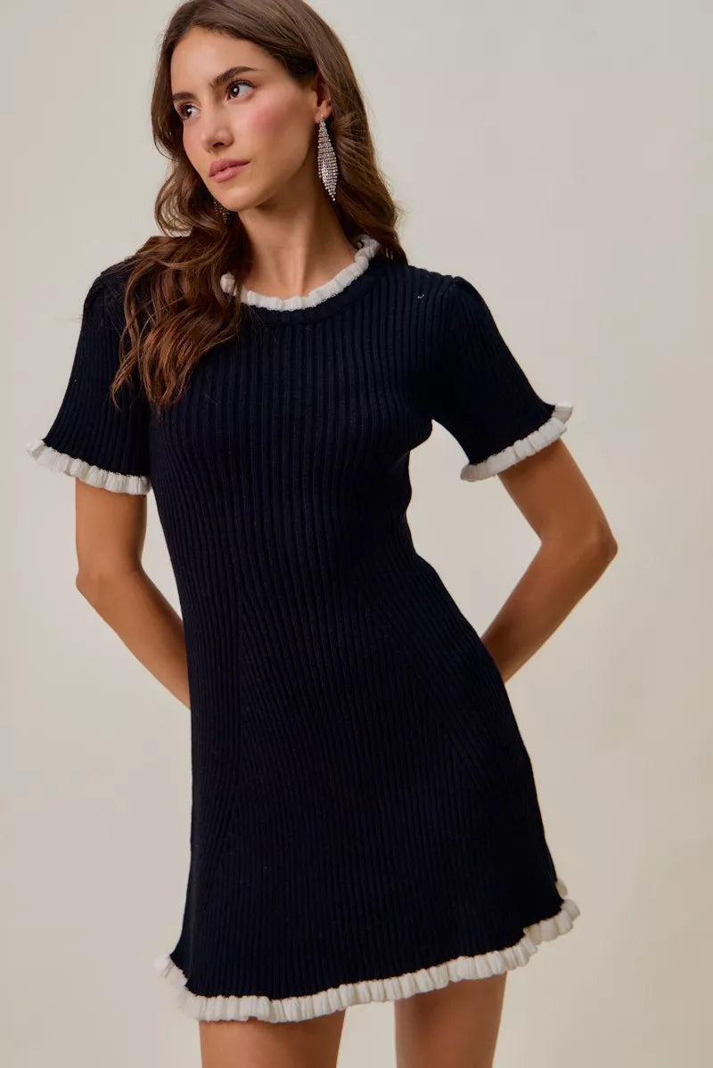 Ruffled Contrast Sweater Knit Mini Dress in Black and White back view