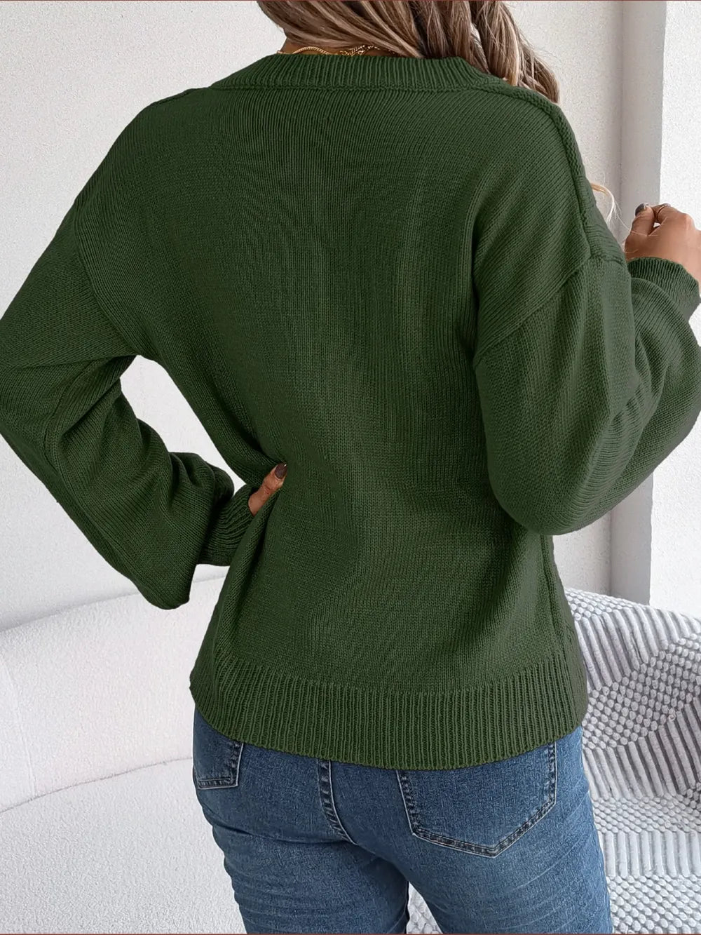 Cable-Knit Buttoned V-Neck Sweater - Fashorio