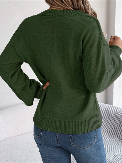 Cable-Knit Buttoned V-Neck Sweater - Fashorio