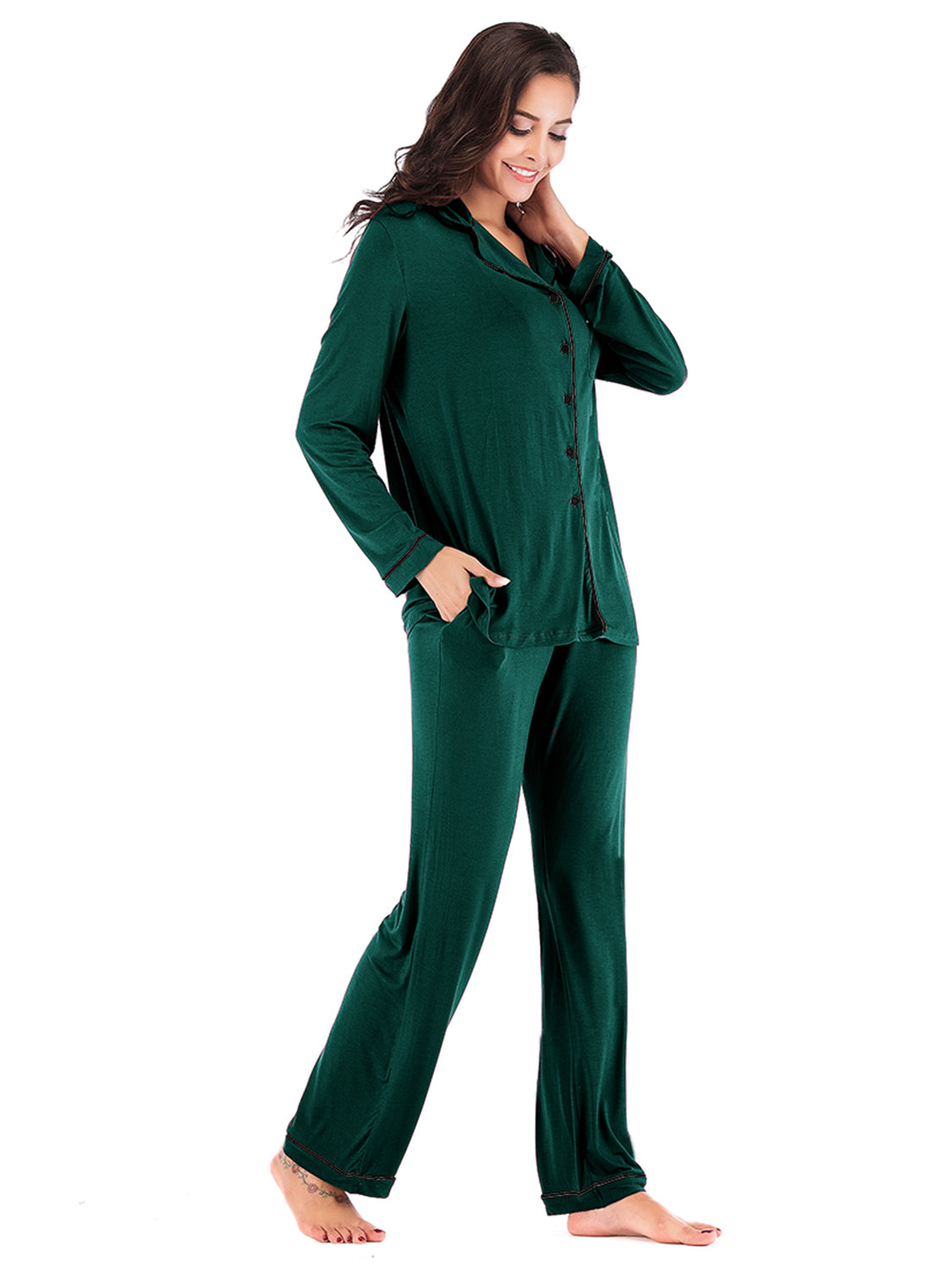 Collared Neck Long Sleeve Loungewear Set with Pockets - Fashorio