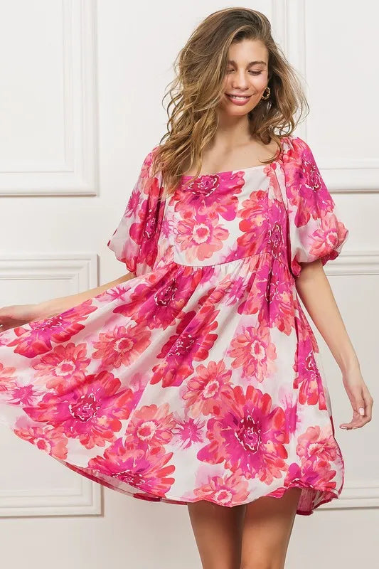 Floral Square Neck Puff Sleeve Mini Dress