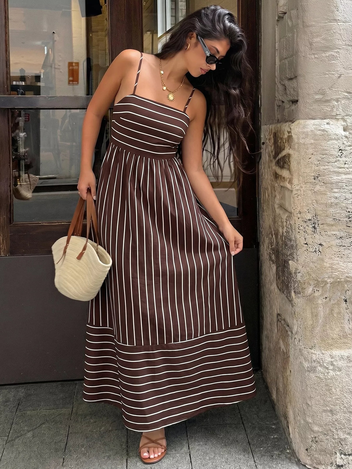 Striped maxi dress strap and shoulder detail