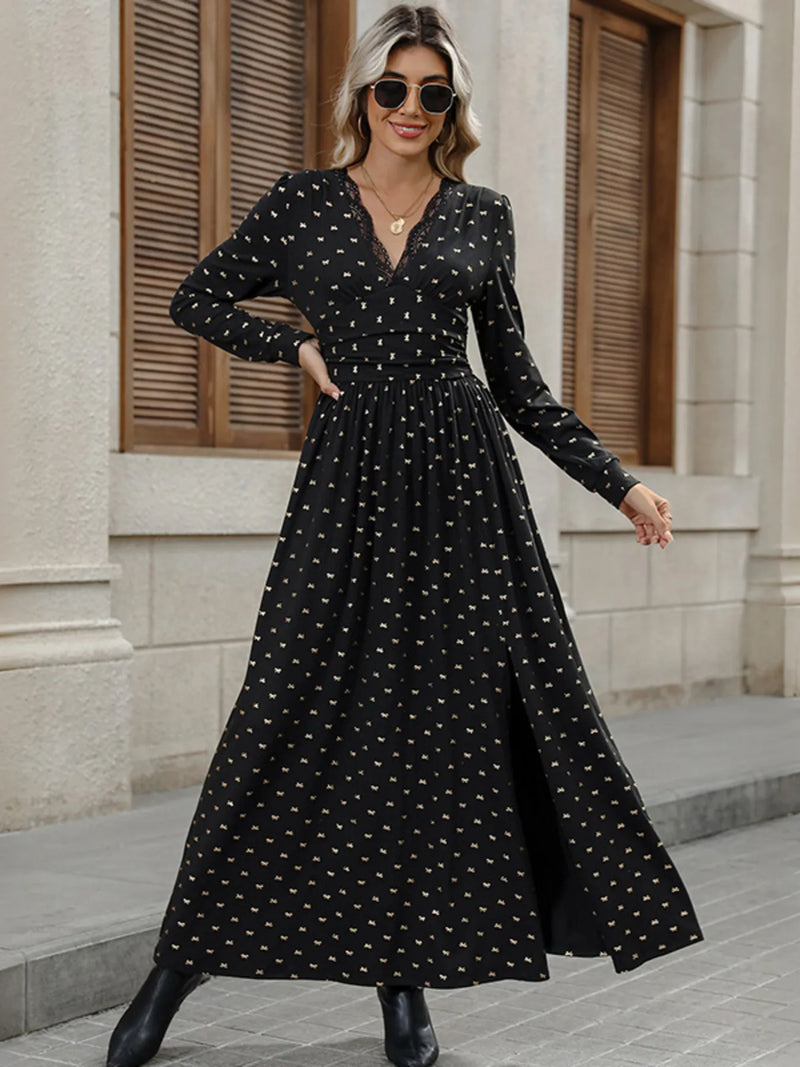 Black bow long sleeve V neck maxi dress, front view