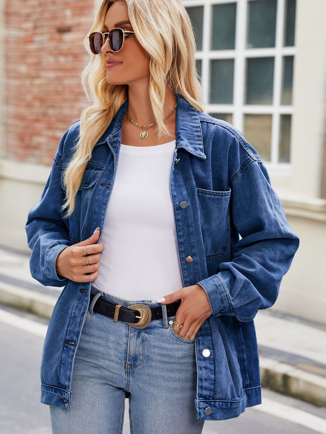 Button Up Denim Jacket with Pockets - Fashorio