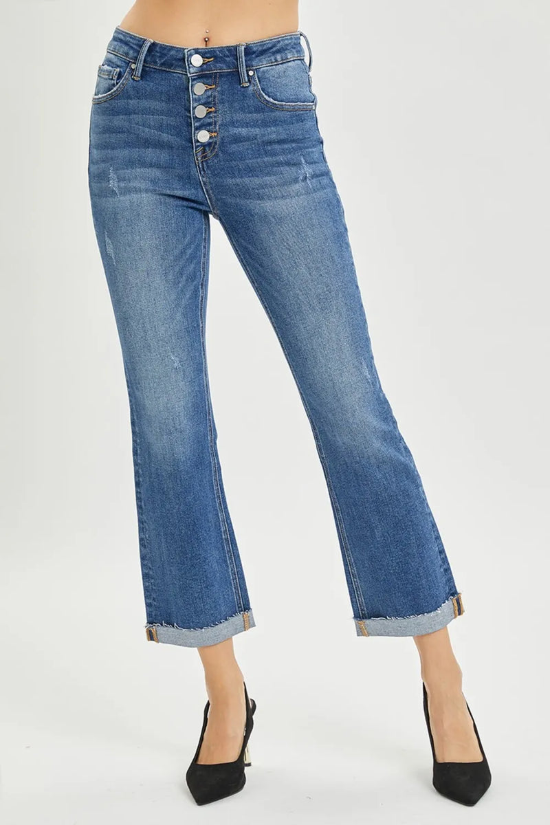 RISEN button fly cropped bootcut jeans in dark wash front view