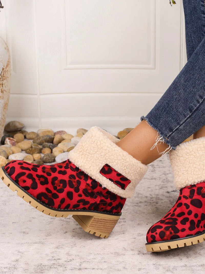 Leopard block heel fuzzy boots front view