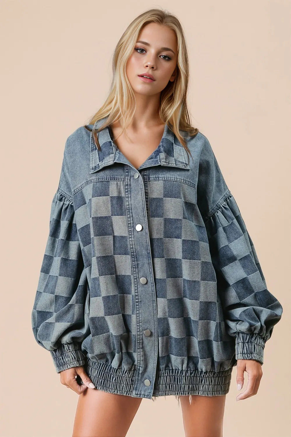Checkered button up denim jacket front view