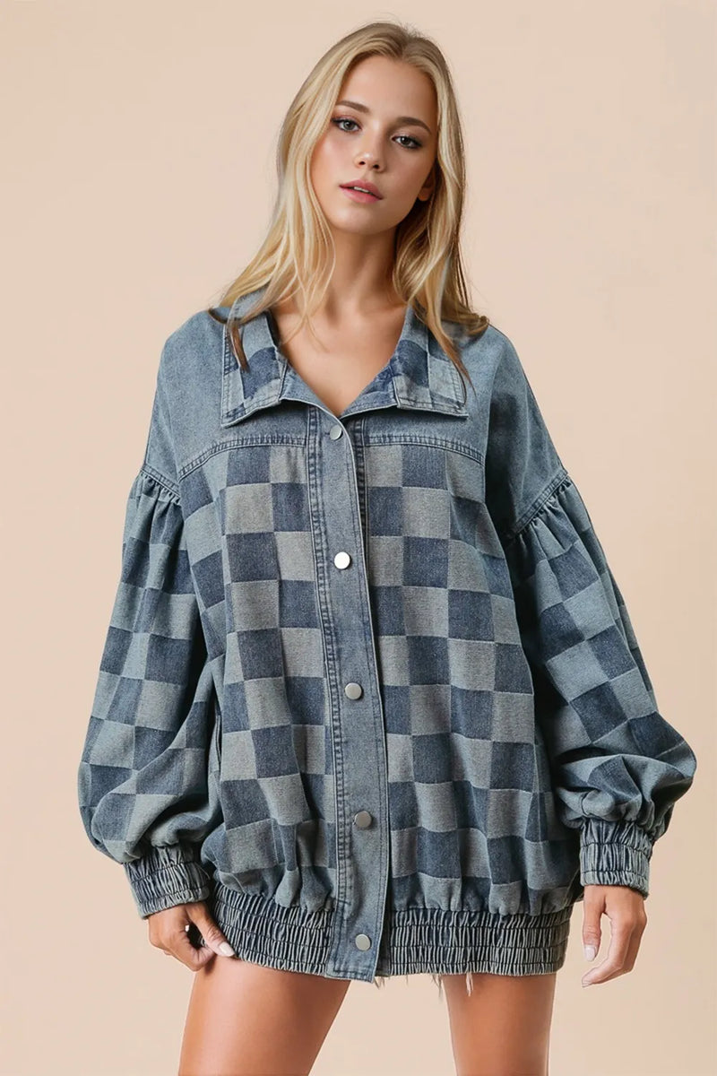 Checkered button up denim jacket front view