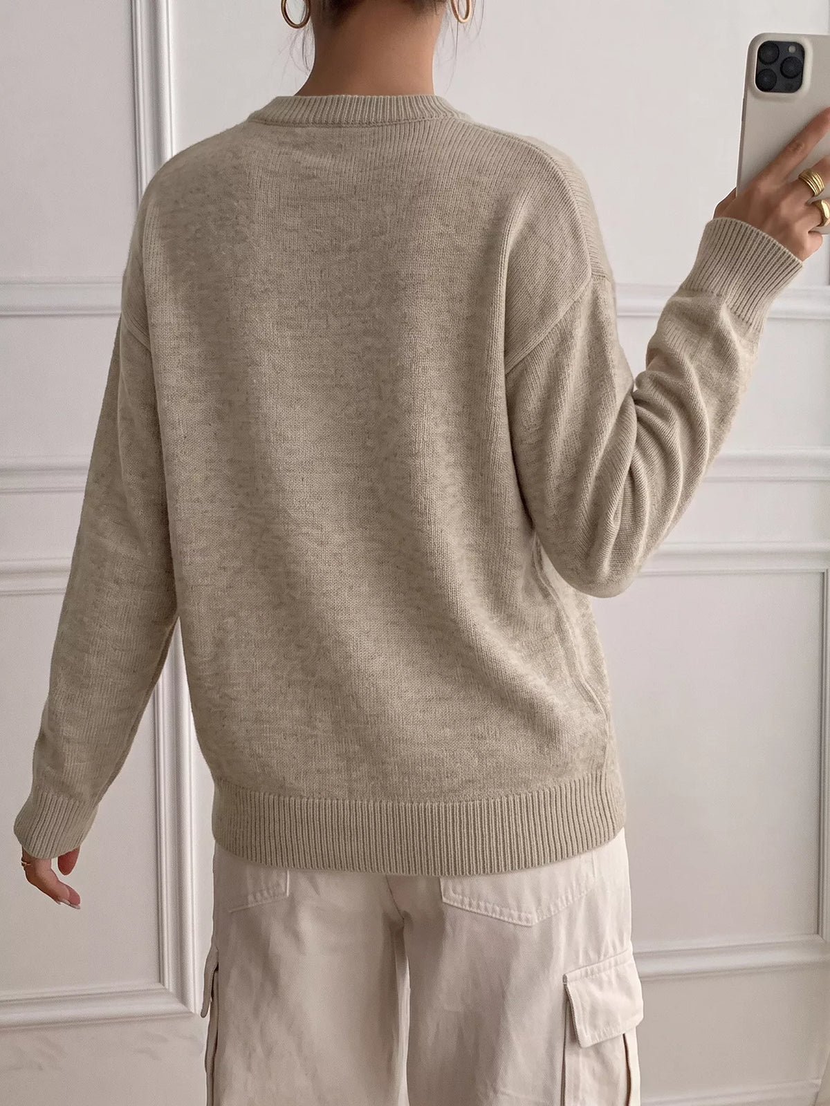Button Detail Drop Shoulder Long Sleeve Sweater on model