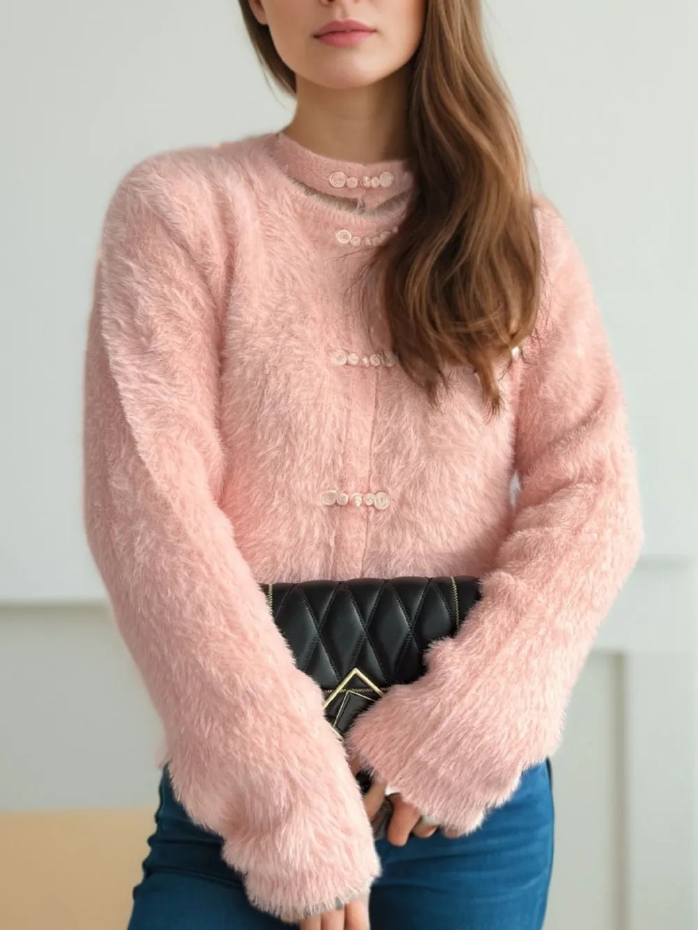 Cutout Knot Button Long Sleeve Cardigan Pale Blush One Size - Fashorio