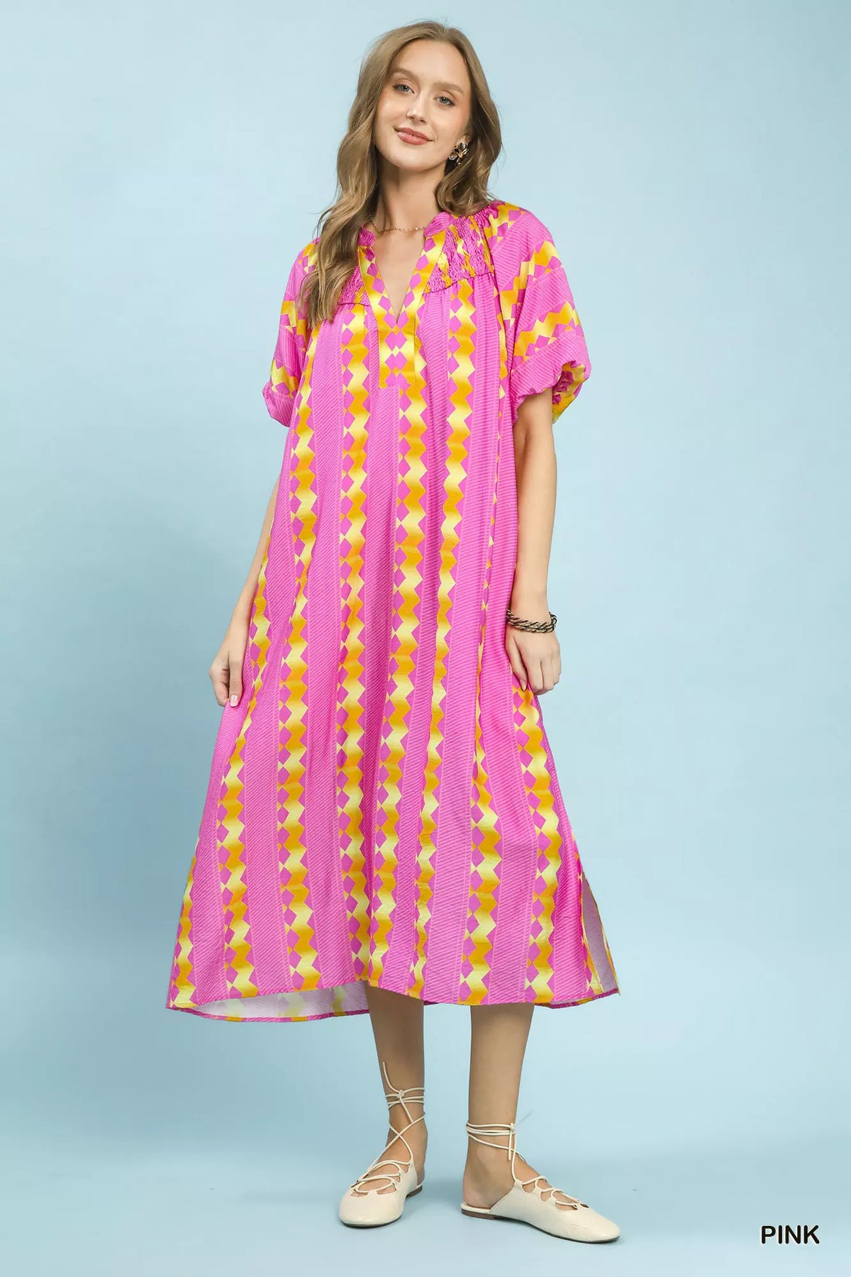 Pink geometric stripe dress back view