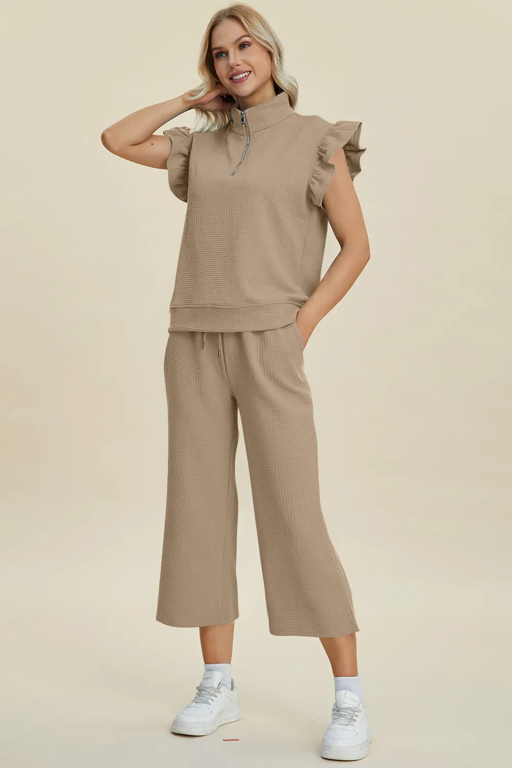 Double Take Full Size Texture Ruffle Short Sleeve Top and Wide Leg Pants Set - Fashorio