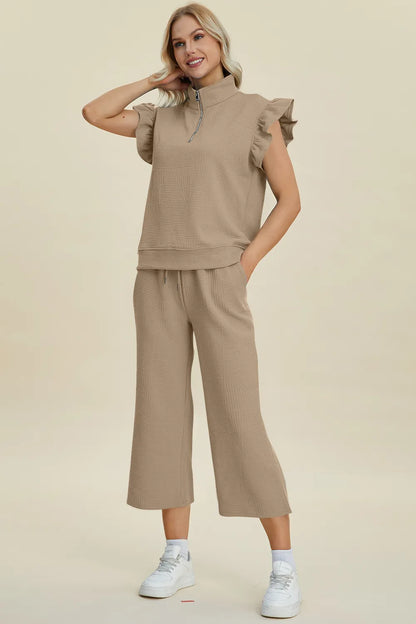 Double Take Full Size Texture Ruffle Short Sleeve Top and Wide Leg Pants Set - Fashorio