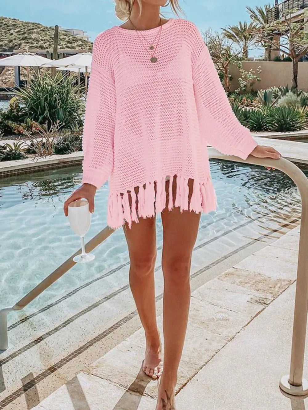 Angel Wings Openwork Tassel Hem Knit Kimono Cover Up, view 9