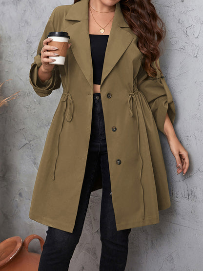 Honey Plus Size Lapel Collar Drawstring Roll-Tab Sleeve Trench Coat - Fashorio