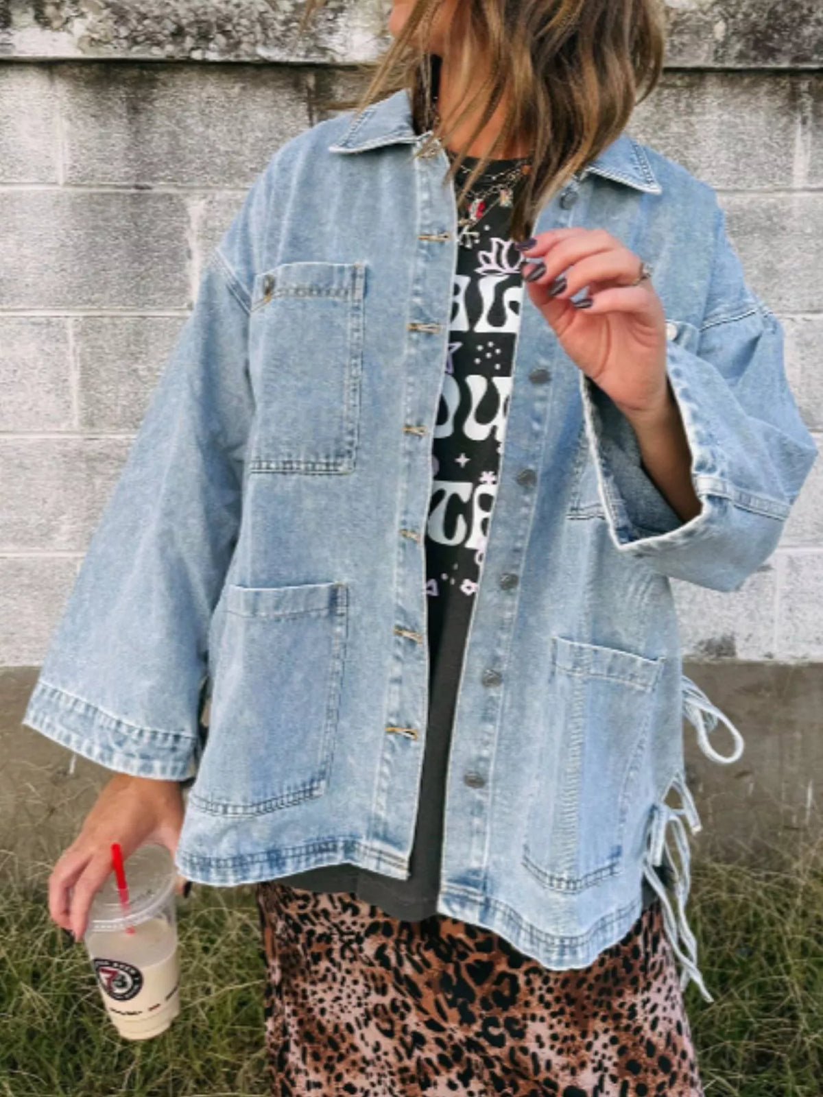 Patch Pocket Side Tie Denim Jacket in Medium Wash side view
