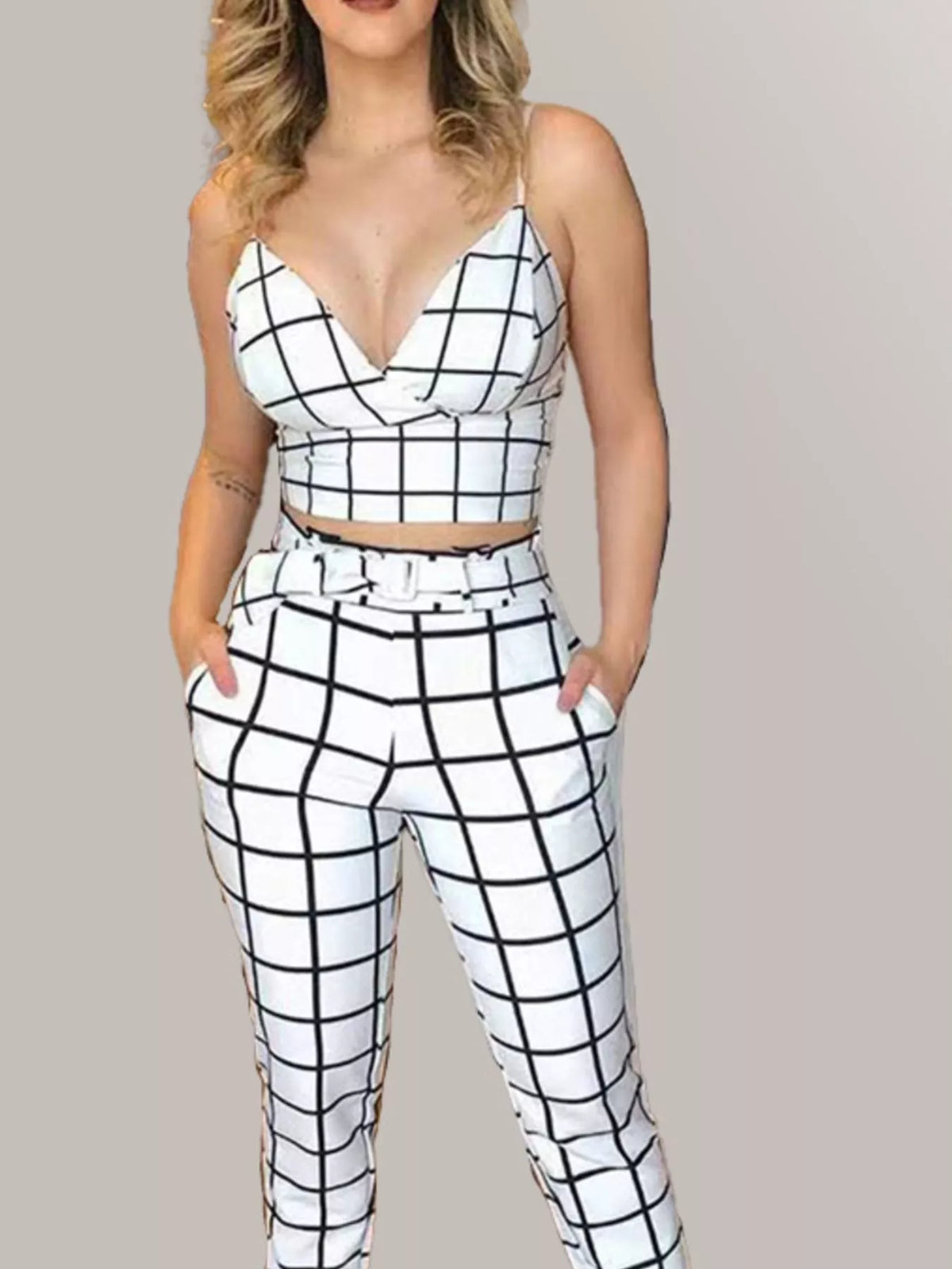Grid print two piece crop top set styled