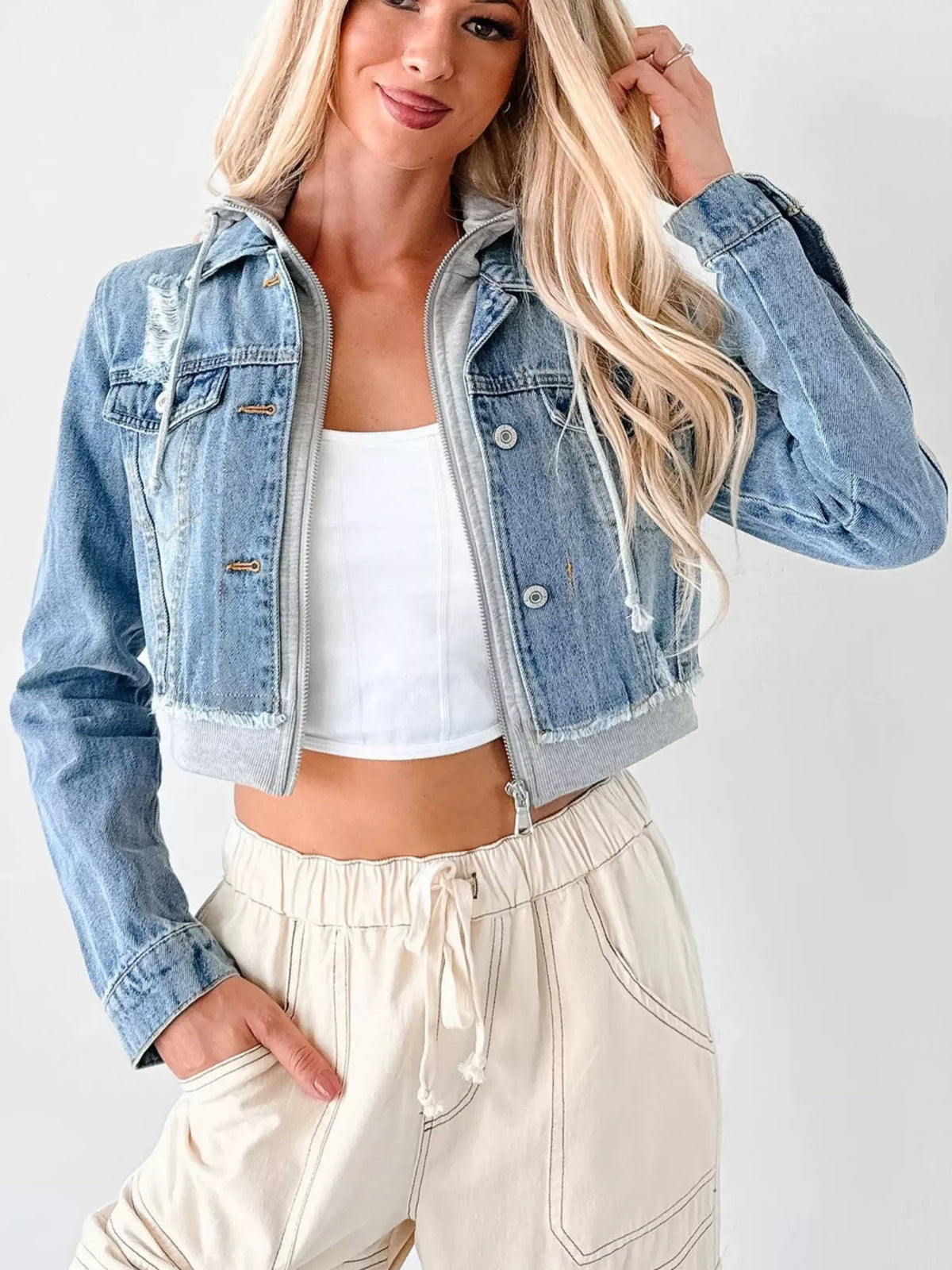 Distressed Cropped Hooded Denim Jacket in Light Blue view 15