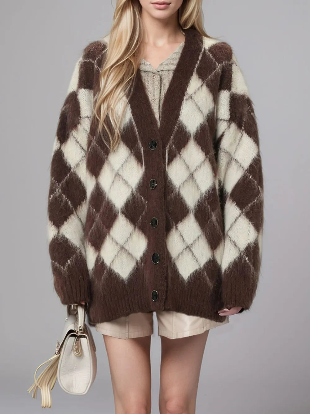 Plaid V-Neck Button Up Cardigan - Fashorio