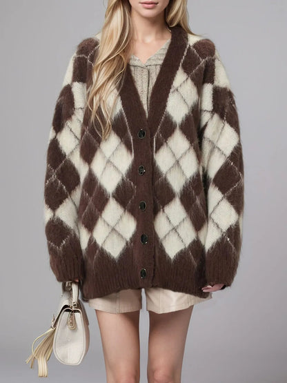Plaid V-Neck Button Up Cardigan - Fashorio