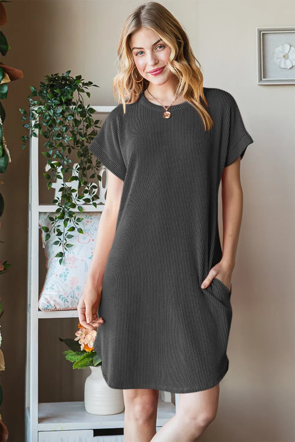 Ribbed Round Neck Short Sleeve Tee Dress styled look