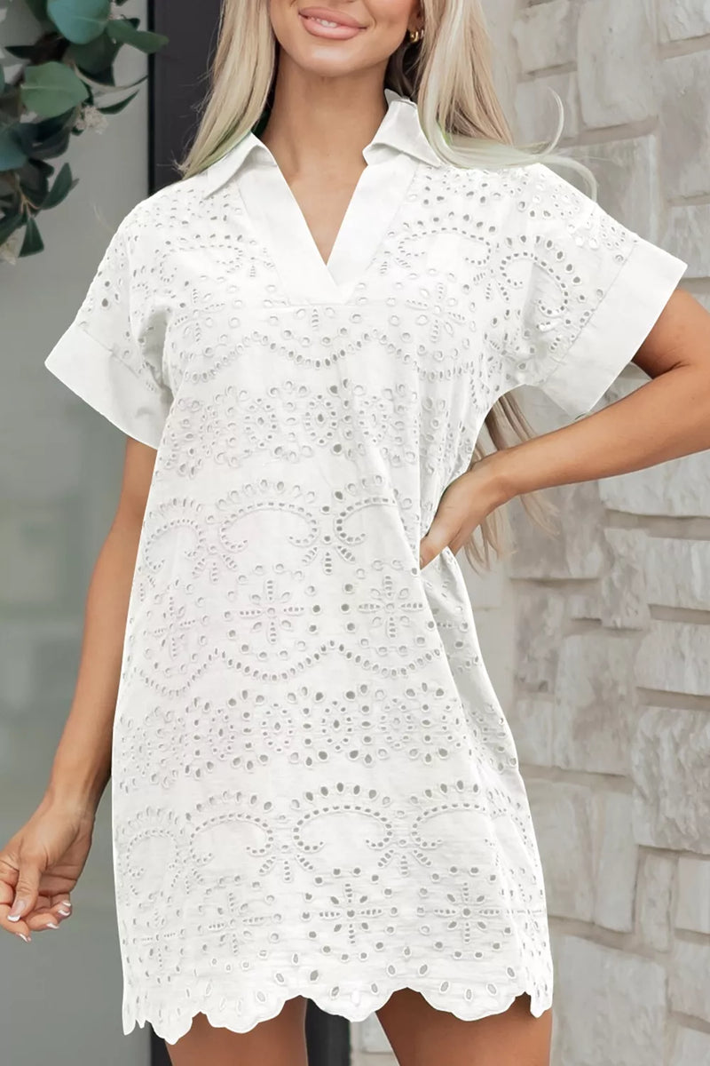 Eyelet embroidered t shirt mini dress in white front view