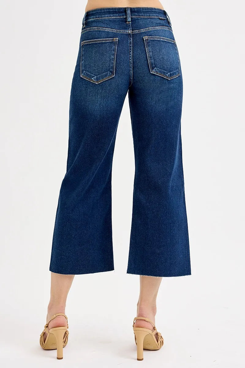 RISEN blue denim wide leg jeans contrast topstitching detail