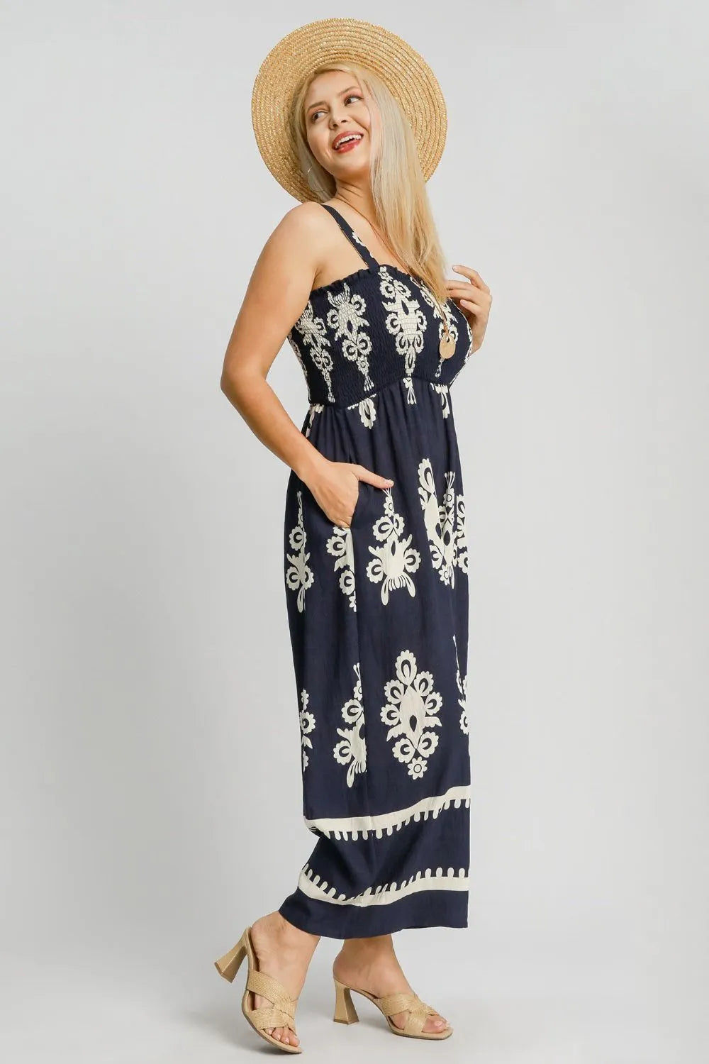 Smocked Printed Wide Leg Jumpsuit side view