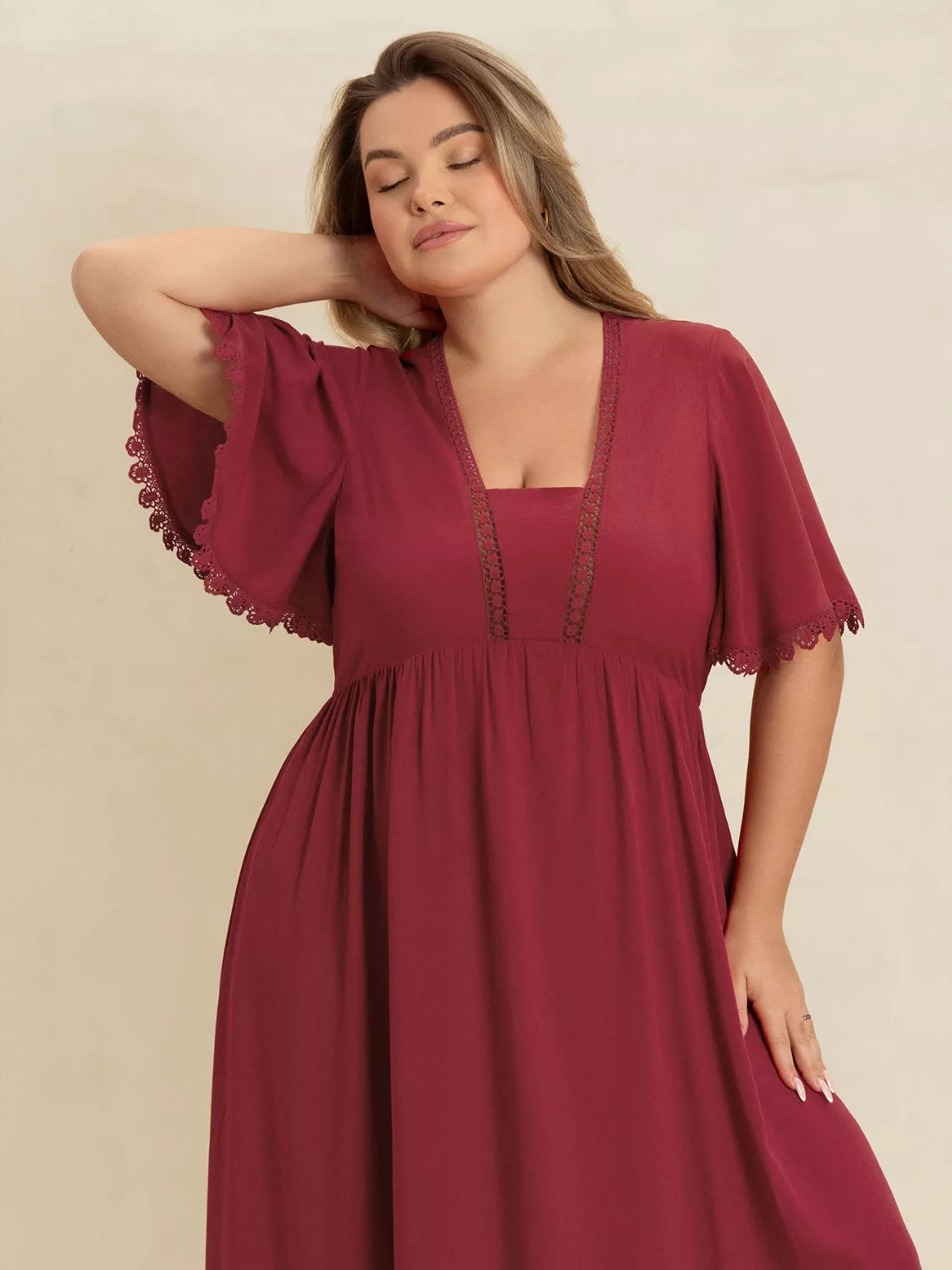Lace Detail Flutter Sleeve Maxi Dress Plus Size full length view