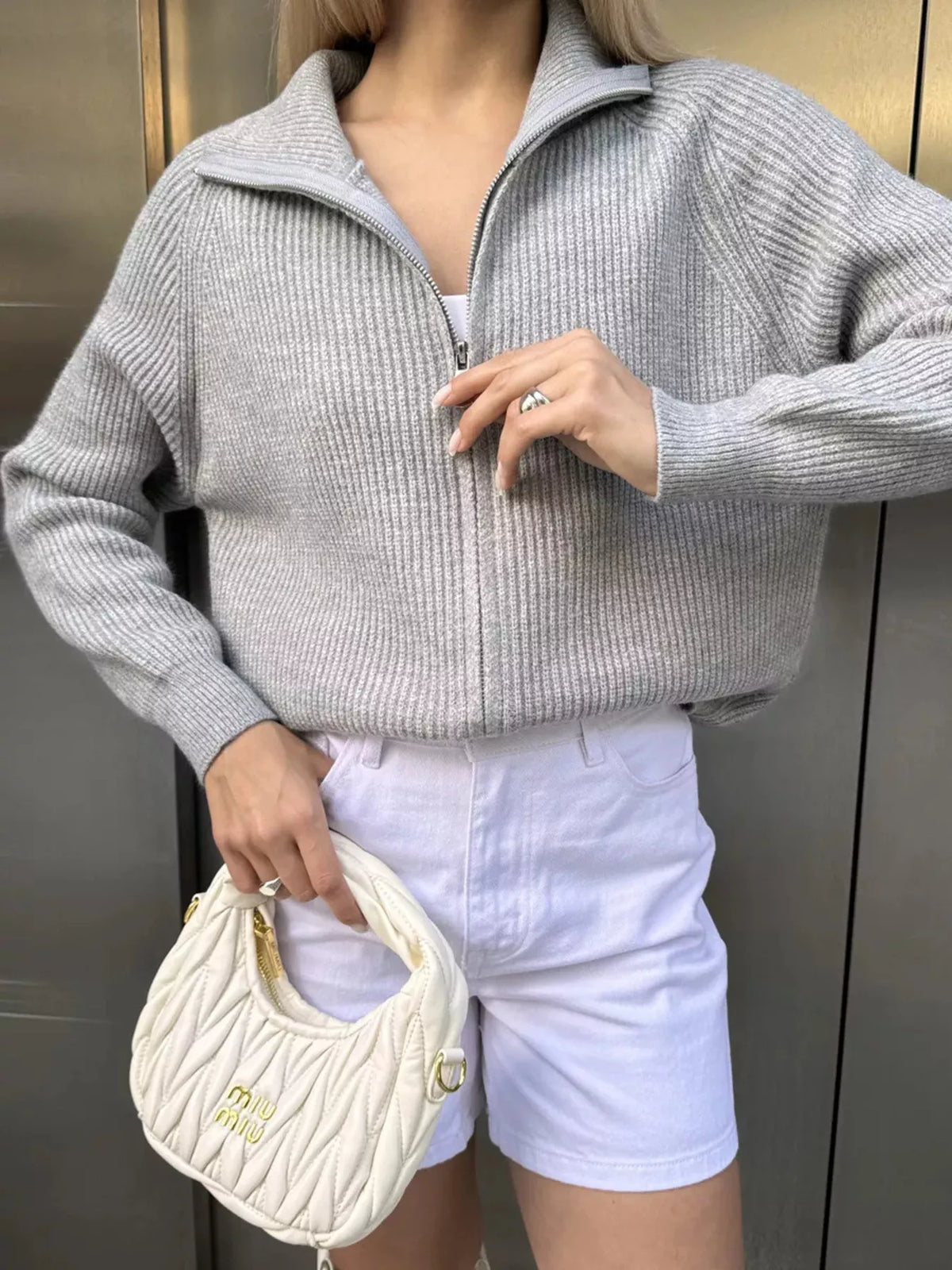 Ribbed knit zip up cardigan side view