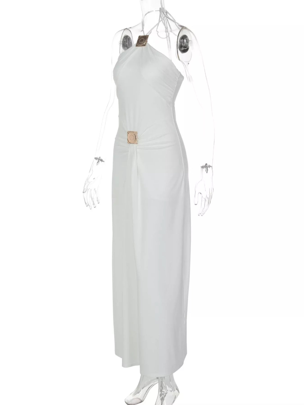 Black backless ruched halter maxi dress front view