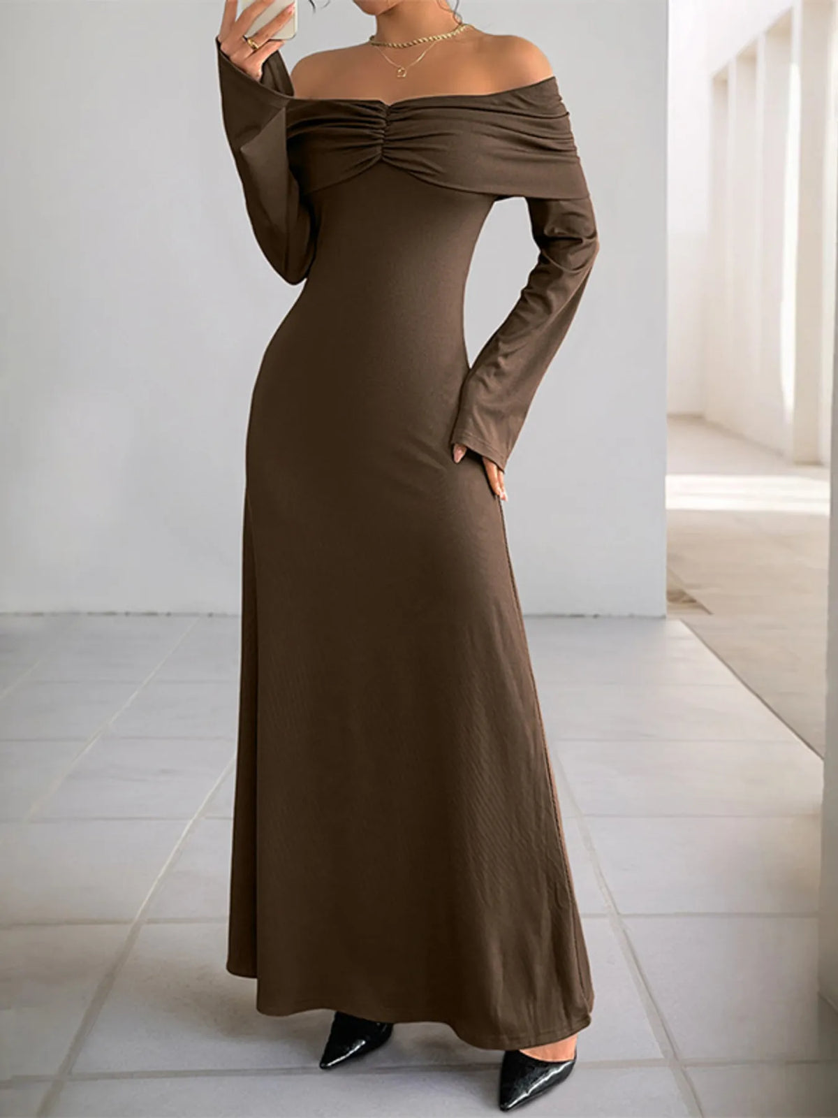 Coffee brown off shoulder long sleeve bodycon maxi dress side view
