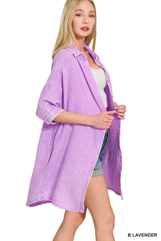 Washed Double Gauze Button Down Shirt Dress in Lavender side view