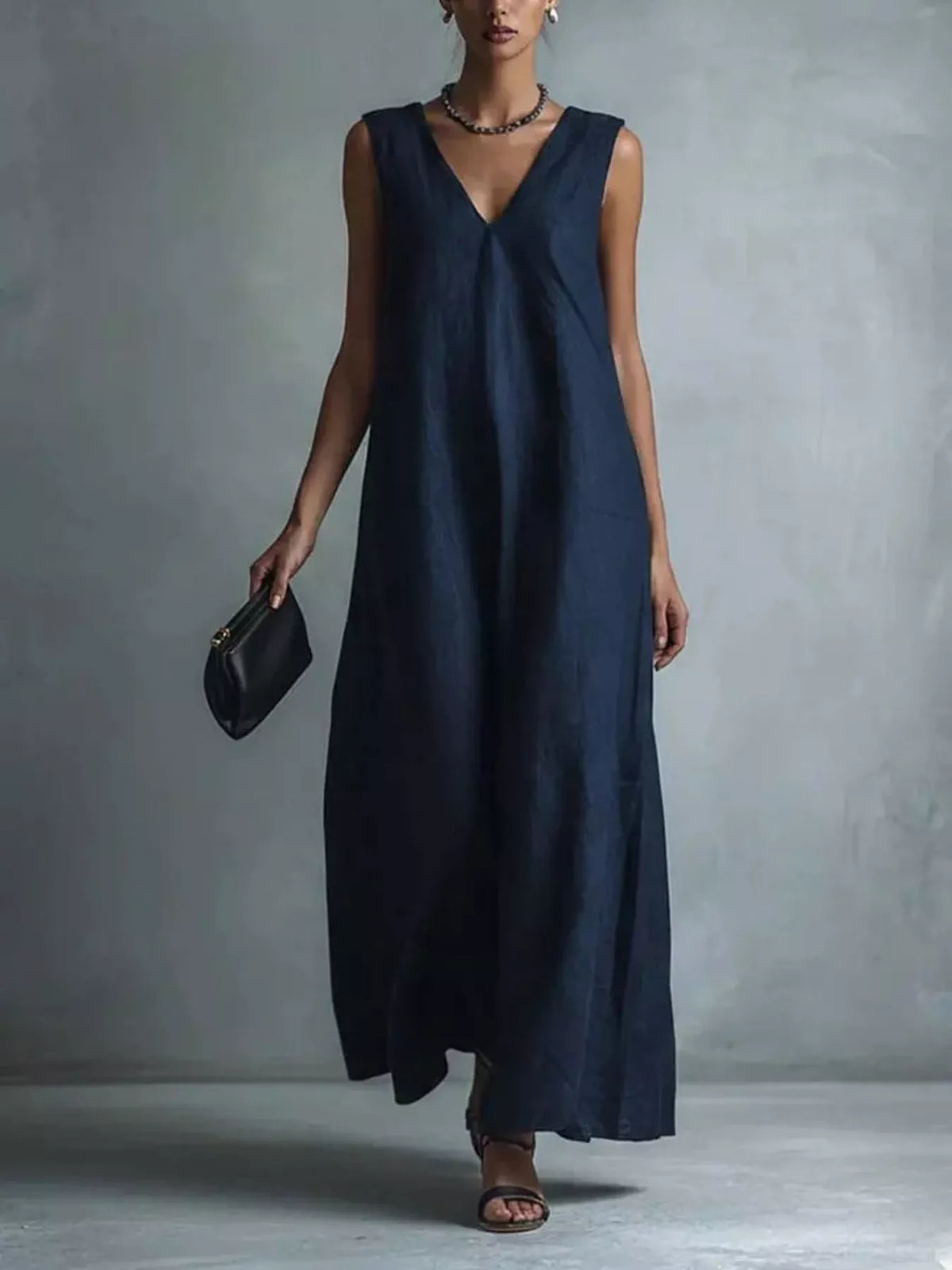 Sleeveless V neck maxi dress shown in a second colourway