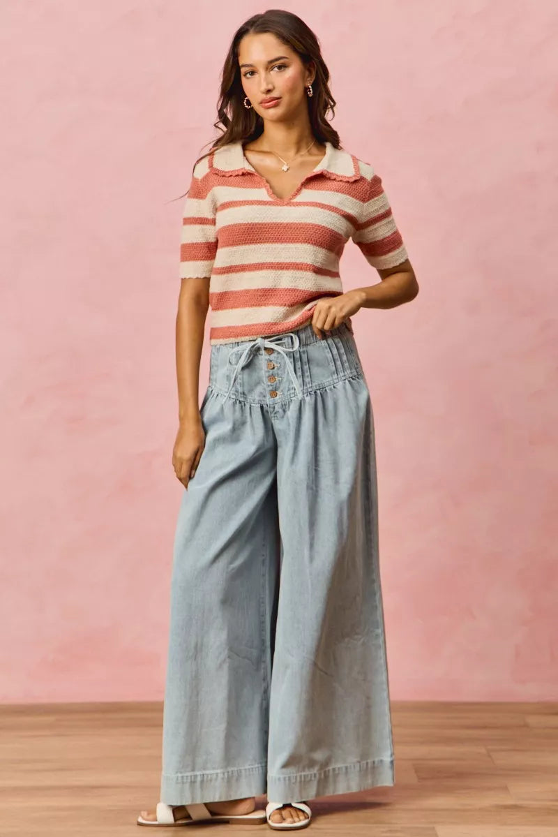 Striped Short Sleeve Cropped Sweater in Cream and Pink view 10