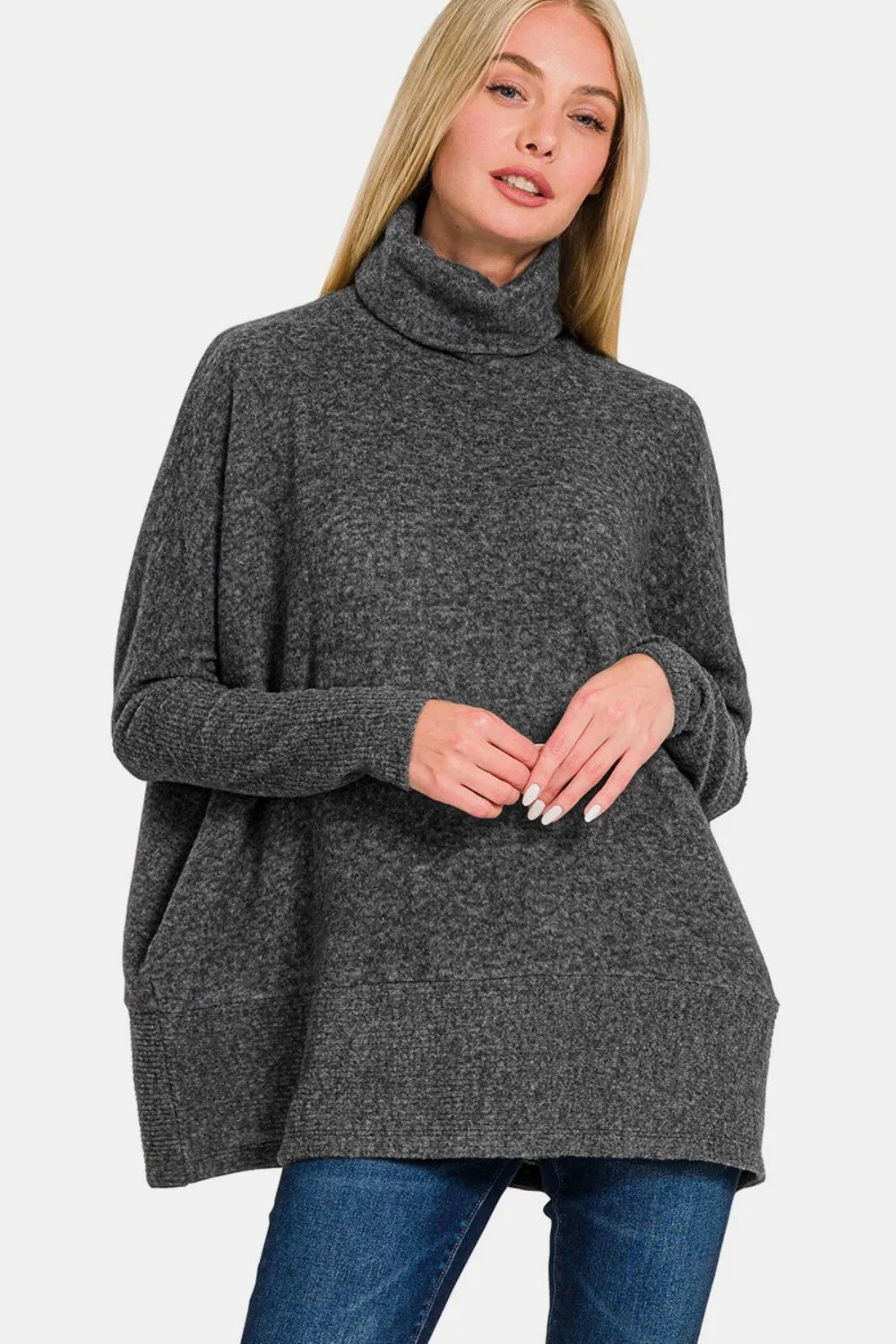 Brushed Melange Hacci Turtleneck Sweater in Black