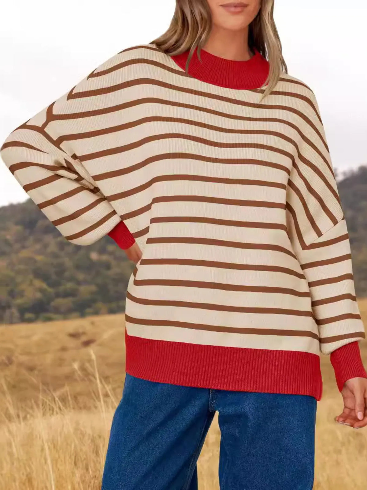 Striped long sleeve sweater side view