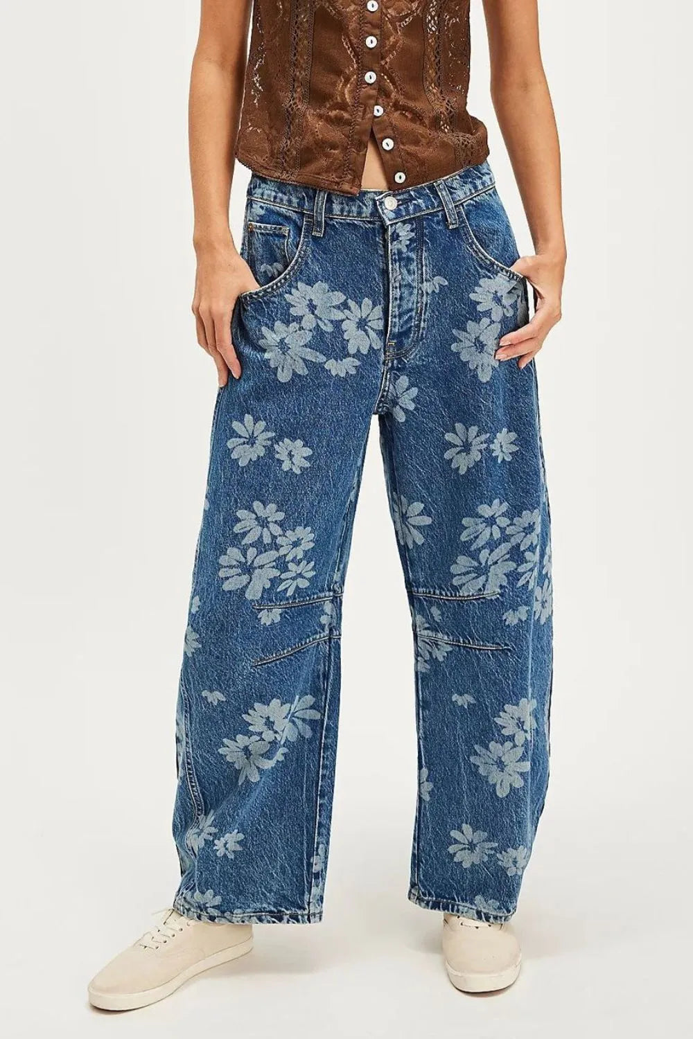 Floral print high rise wide leg jeans