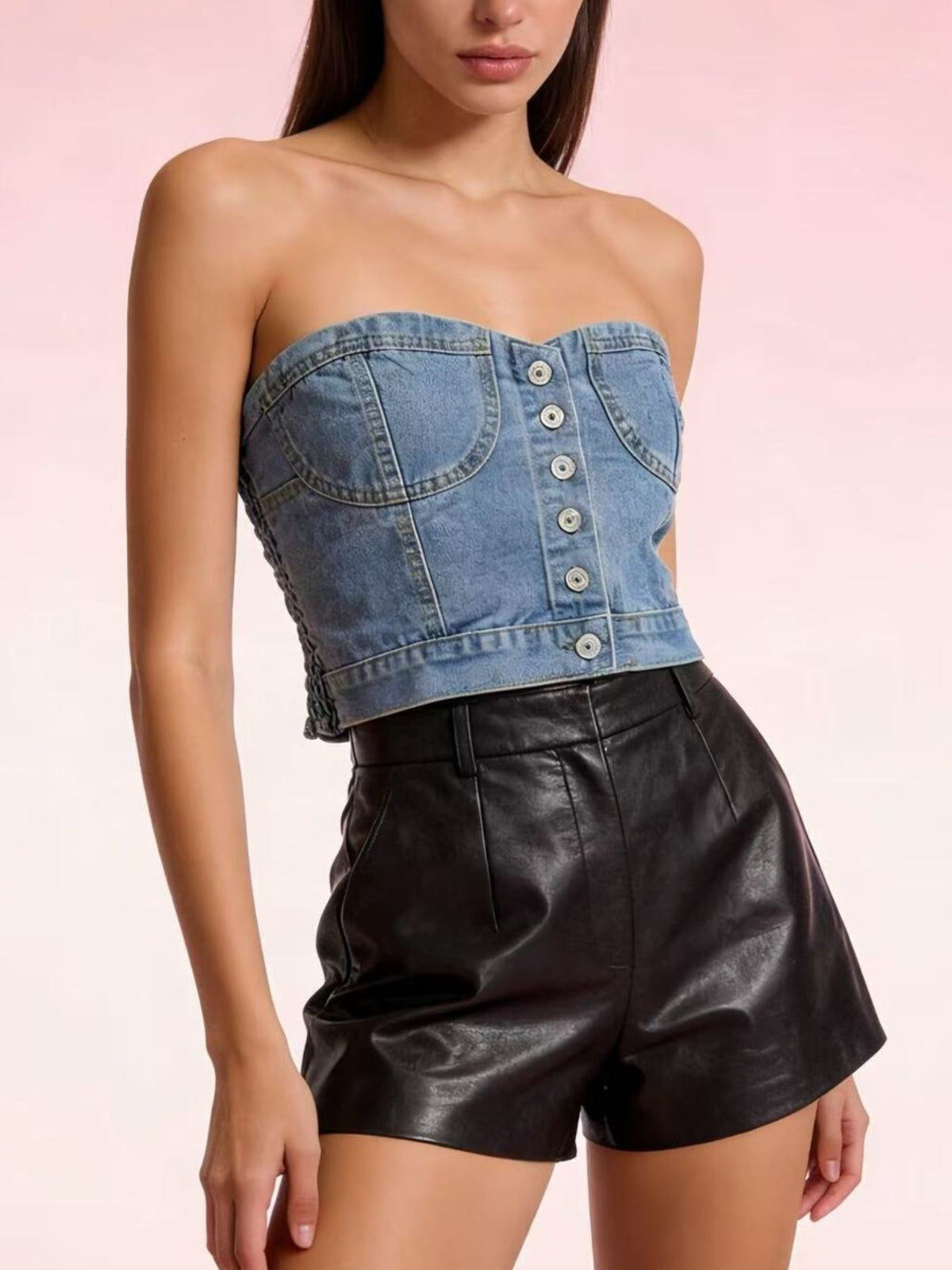 Close up of the straight neckline on the denim top
