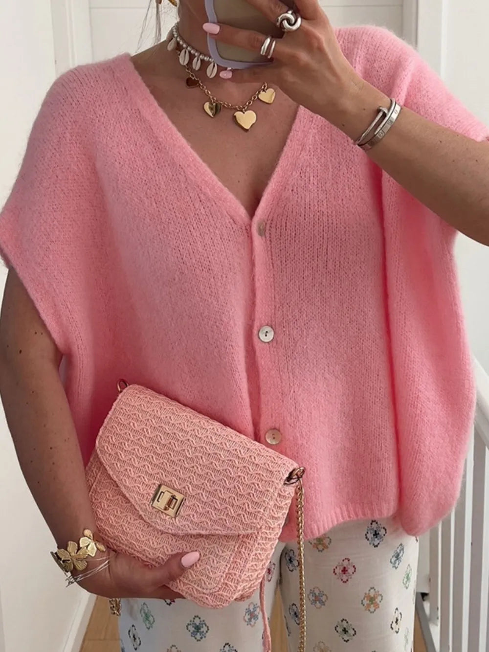 V-Neck Button Up Short Sleeve Cardigan Burnt Coral - Fashorio