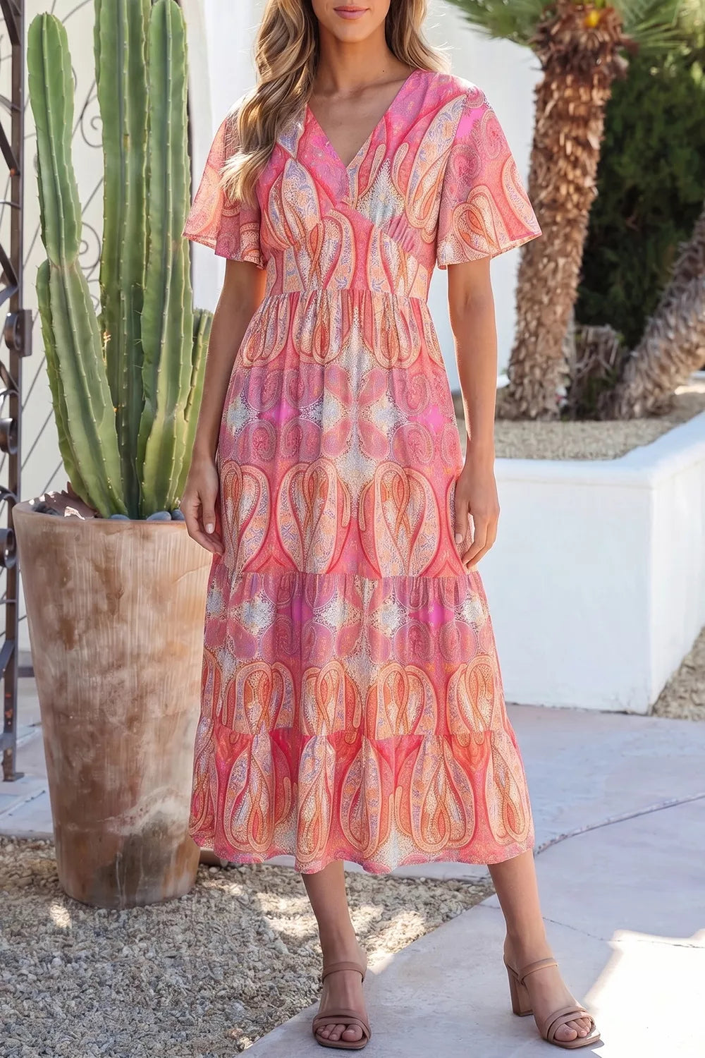 Back view of the burnt coral paisley maxi dress