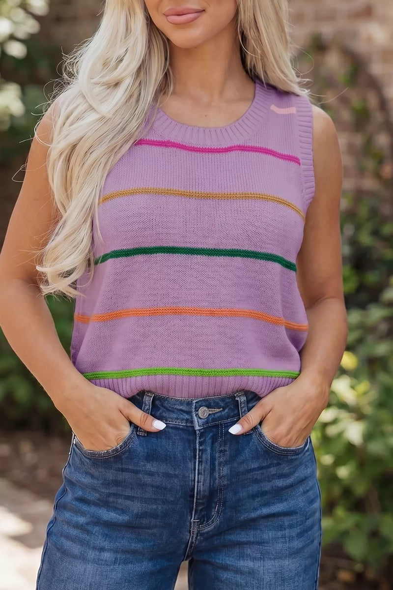 Stripe round neck knit sweater tank top in mauve front view