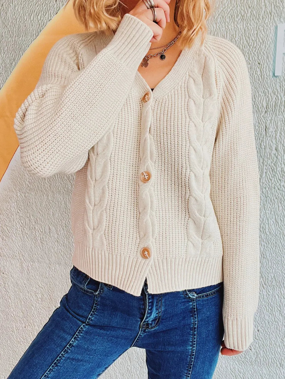 Cable-Knit V-Neck Button Down Long Sleeve Cardigan - Fashorio