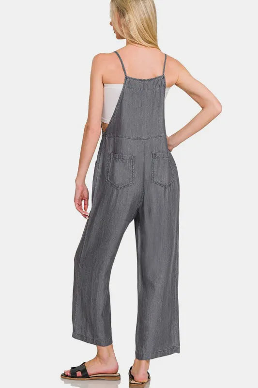 Zenana Washed Adjustable Strap Wide Leg Denim Overalls - Fashorio